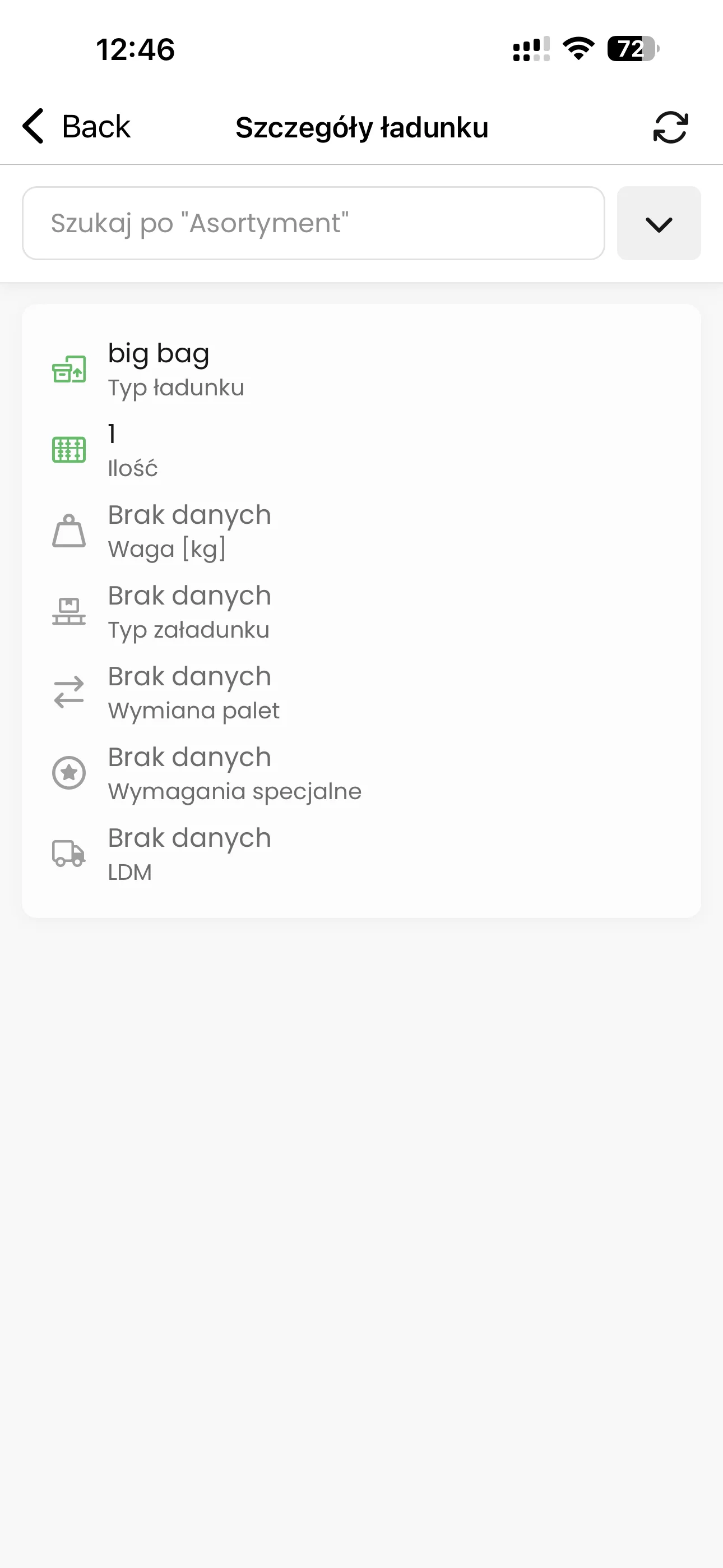 Ekran szczegółów ładunku w Linkway TRACKER z typem ładunku, ilością, wagą, wymianą palet i parametrem LDM